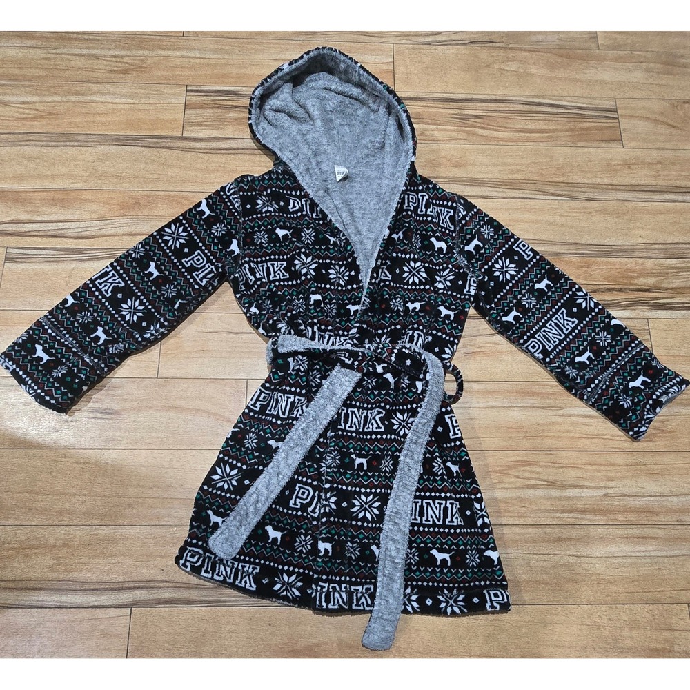 PINK by‎ Victoria's Secret Cozy Fleece Robe Hooded Fair Isle Print XS